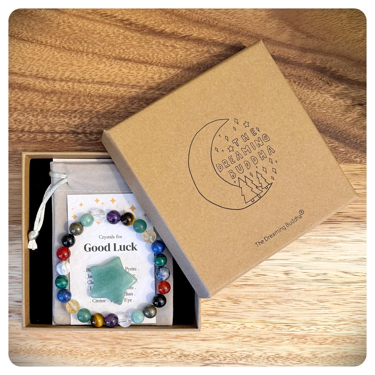 Handmade Crystal Good Luck Beaded Bracelet, Personalised Lucky Gift In Gift Box With Crystal Star, Storage Pouch and Informational cards.