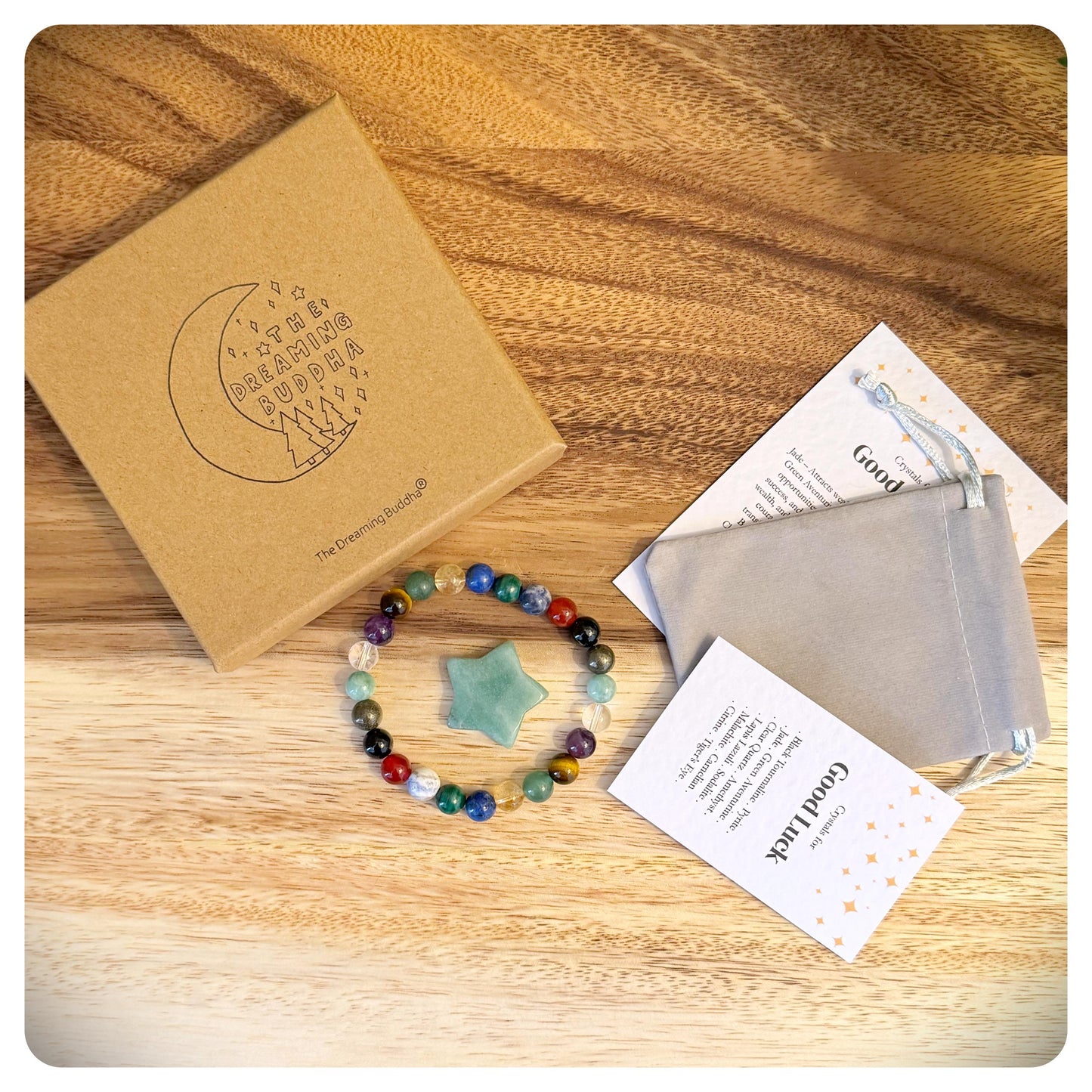 Handmade Crystal Good Luck Beaded Bracelet, Personalised Lucky Gift In Gift Box With Crystal Star, Storage Pouch and Informational cards.