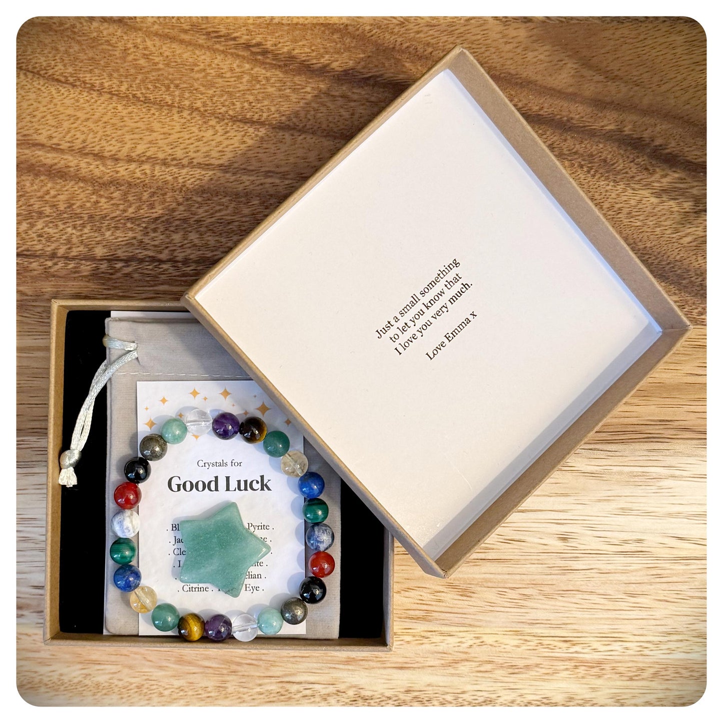 Handmade Crystal Good Luck Beaded Bracelet, Personalised Lucky Gift In Gift Box With Crystal Star, Storage Pouch and Informational cards.