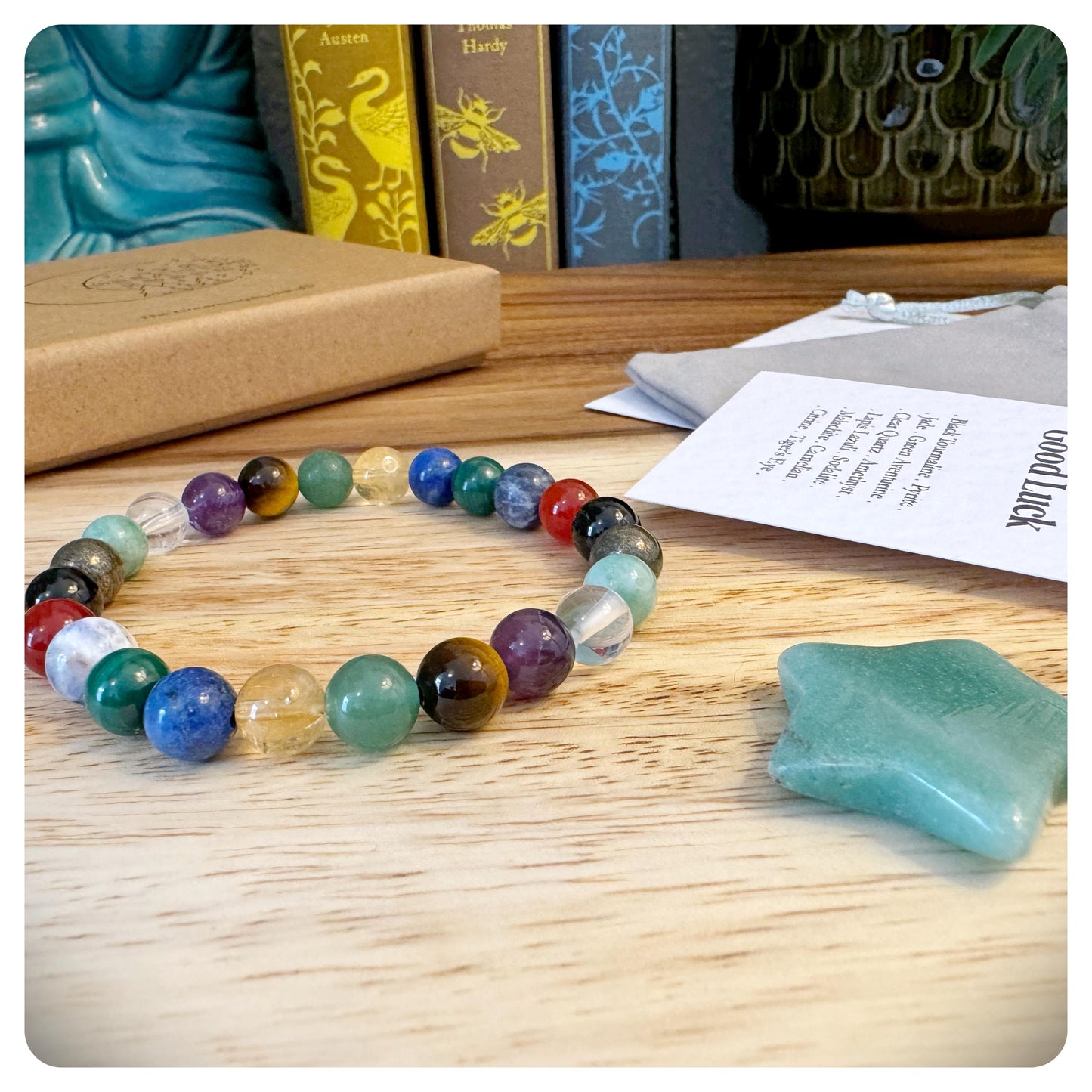 Handmade Crystal Good Luck Beaded Bracelet, Personalised Lucky Gift In Gift Box With Crystal Star, Storage Pouch and Informational cards.