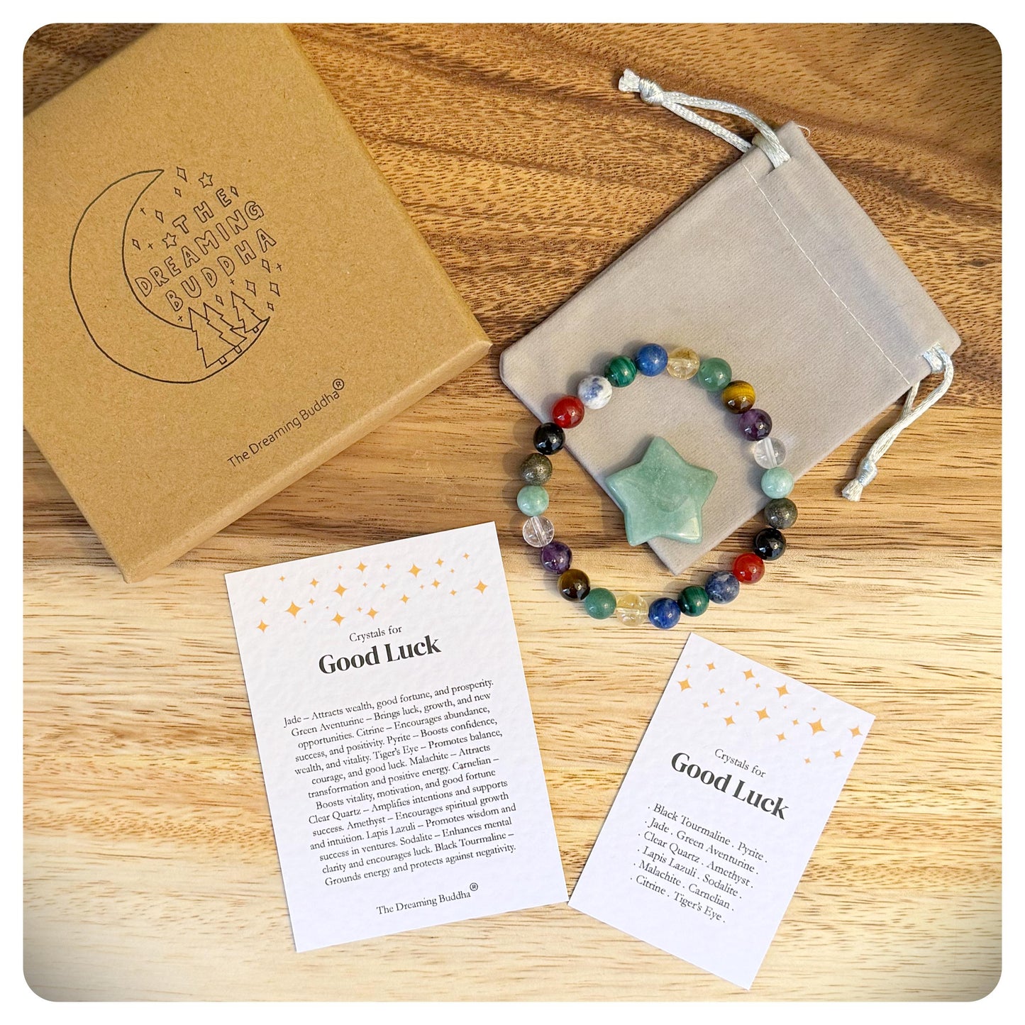 Handmade Crystal Good Luck Beaded Bracelet, Personalised Lucky Gift In Gift Box With Crystal Star, Storage Pouch and Informational cards.