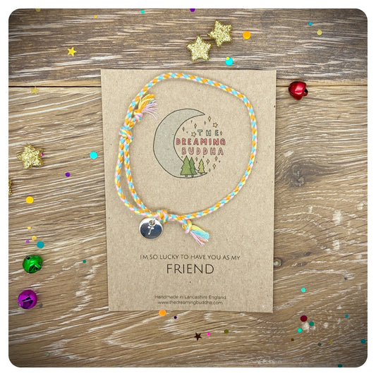 Lucky Friend Friendship Bracelet, Friend Birthday Card, Personalised Braided Bracelet
