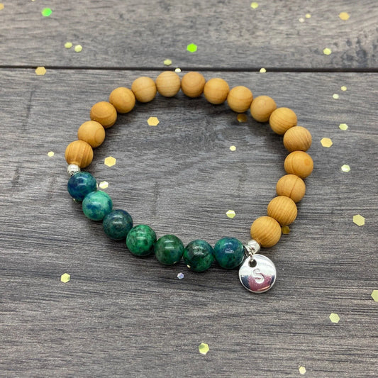Natural Azurite and Wood Bracelet, Personalised Beaded Wooden Aromatherapy Bracelet, Positivity Azurite Beaded Crystal Bracelet