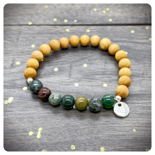 Rainbow Jasper & Cedarwood Beaded Bracelet, Unisex Wooden Jewellery For Motivation, Men's Women's Crystal and Wood Stretch Yoga Bracelet