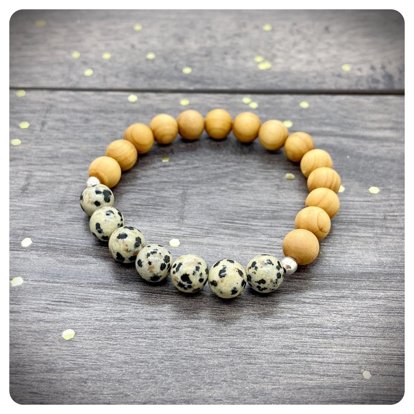 Personalised Dalmatian Jasper Wooden Beaded Stretch Bracelet, Mental Clarity & Tranquillity Crystal, Wood Essential Oil Yoga Bracelet