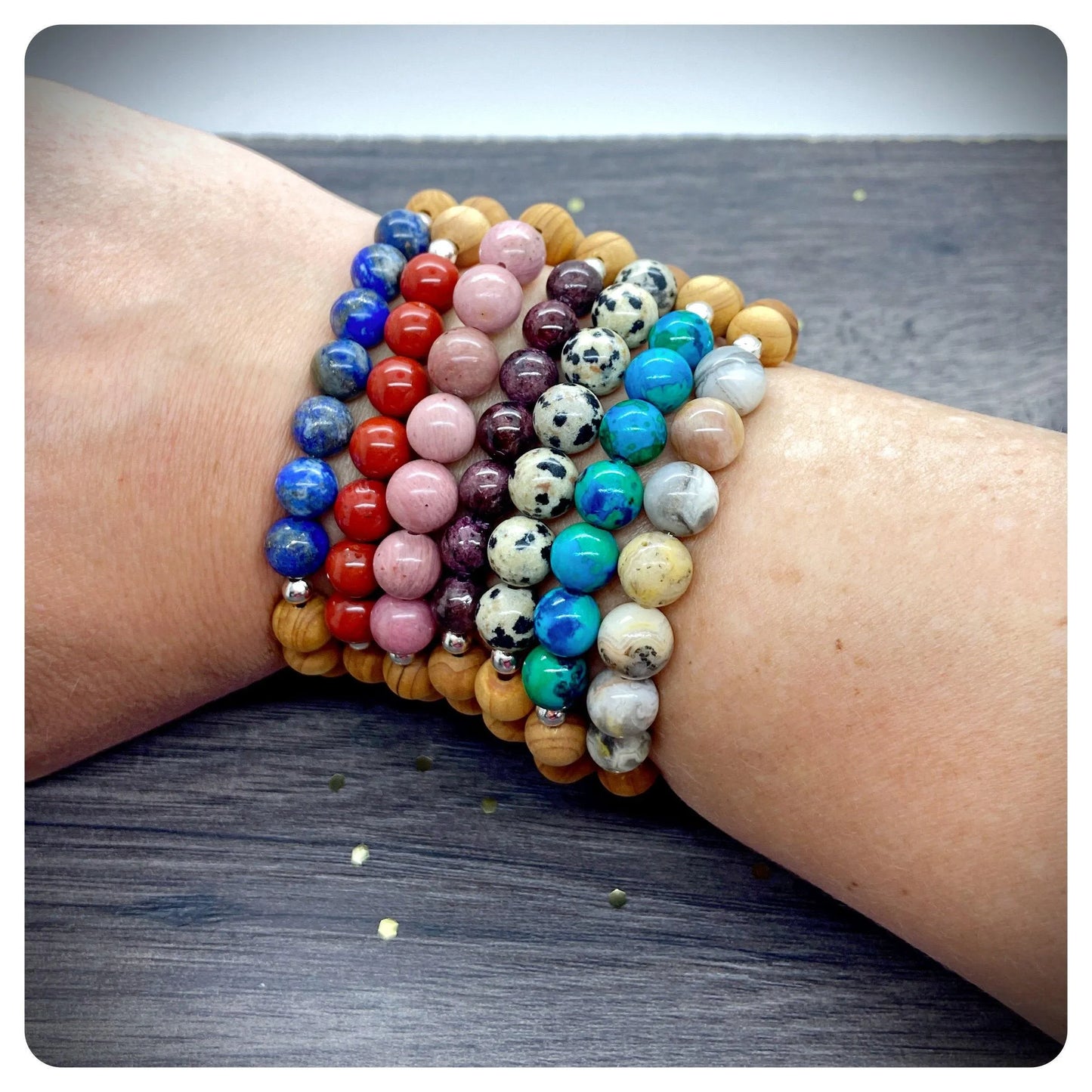 Personalised Dalmatian Jasper Wooden Beaded Stretch Bracelet, Mental Clarity & Tranquillity Crystal, Wood Essential Oil Yoga Bracelet