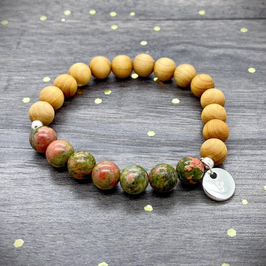 Personalised Unakite Crystal & Wood Beaded Stretch Bracelet, Men's Women's Fertility Bracelet, Unakite Wooden Diffuser Bracelet