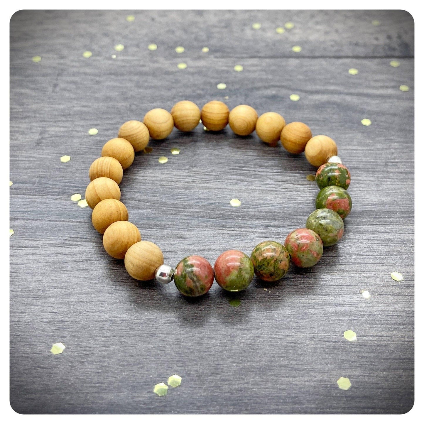 Personalised Unakite Crystal & Wood Beaded Stretch Bracelet, Men's Women's Fertility Bracelet, Unakite Wooden Diffuser Bracelet