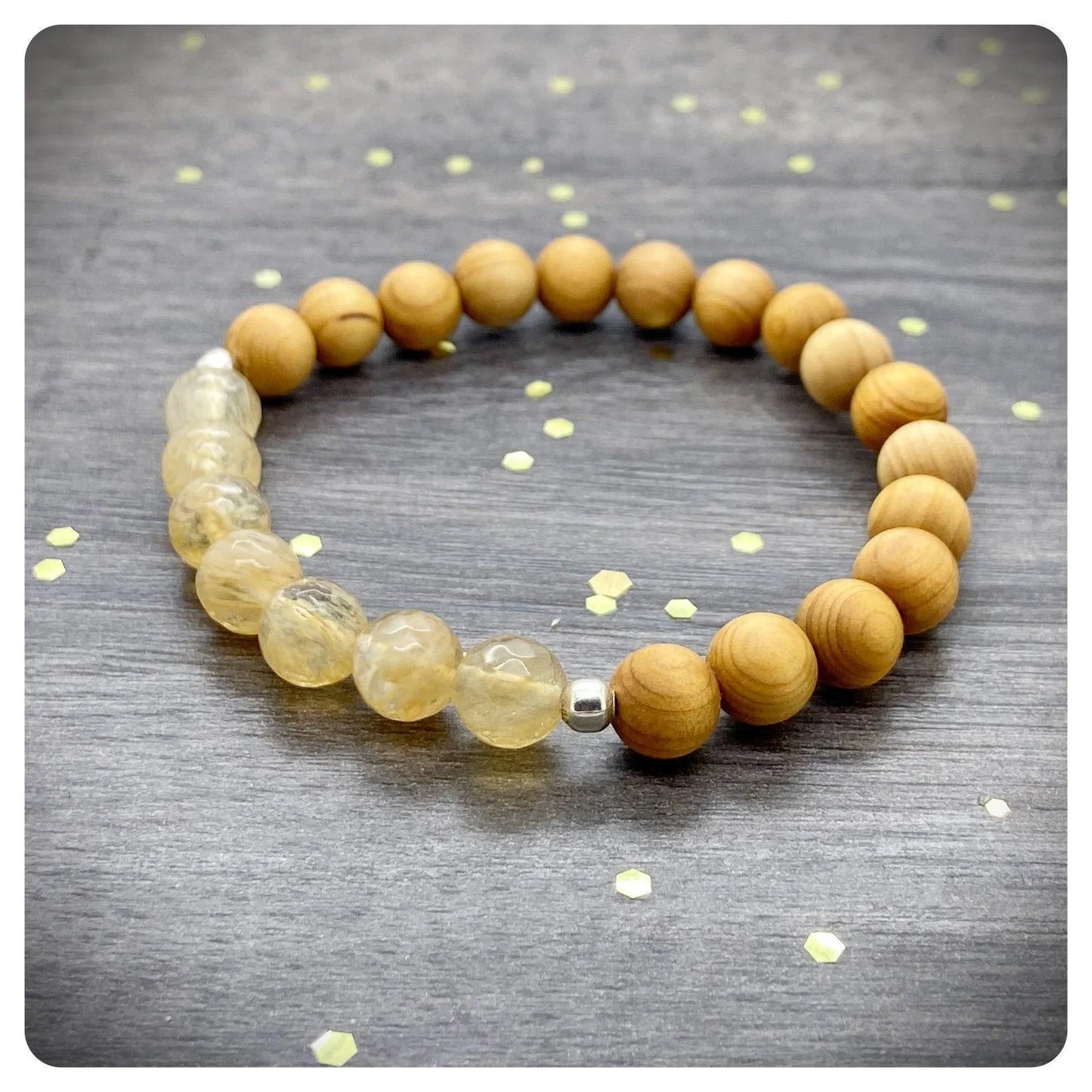 Personalised Citrine Crystal Wooden Stretch Bracelet, Positivity Success & Self Improvement Crystals, Cedar Wood Diffuser Beaded Bracelet