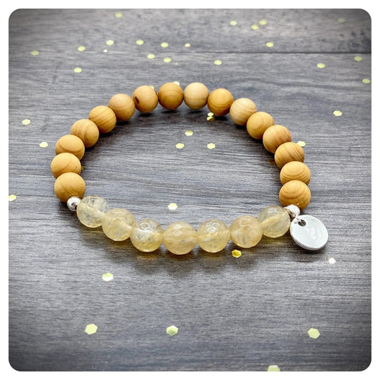 Personalised Citrine Crystal Wooden Stretch Bracelet, Positivity Success & Self Improvement Crystals, Cedar Wood Diffuser Beaded Bracelet