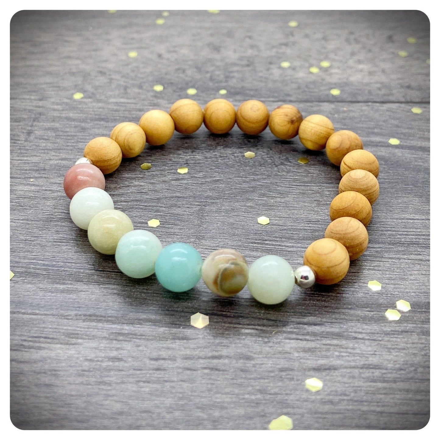 Amazonite Crystal and Wooden Bead Stretch Bracelet, Calming Stress Crystal Beads, Elasticated Wooden Diffuser Bracelet