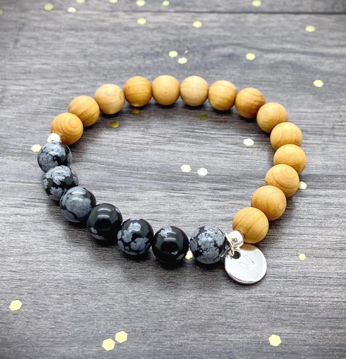 Snowflake Obsidian Wooden Beaded Bracelet, Balancing Crystal Jewellery, Personalised Crystal & Wood Diffuser Bracelet For Him Her