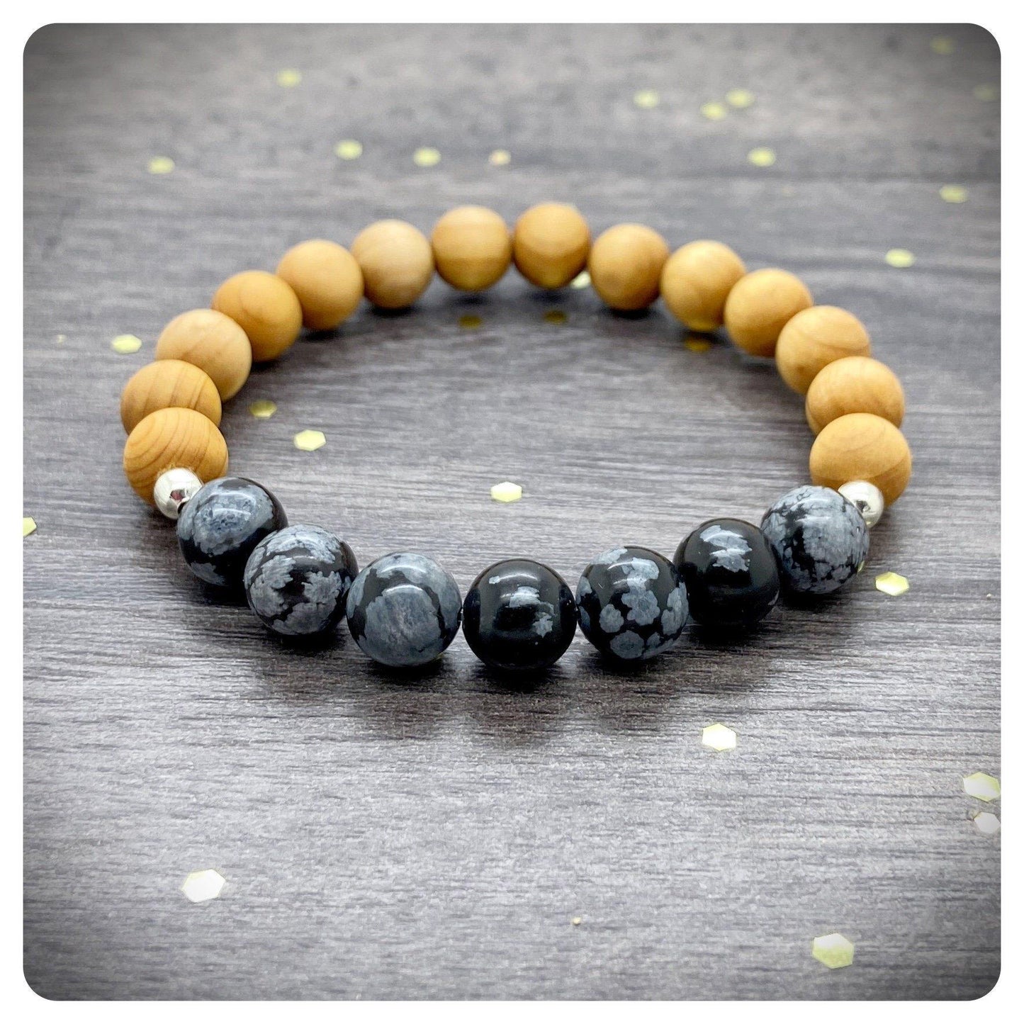Snowflake Obsidian Wooden Beaded Bracelet, Balancing Crystal Jewellery, Personalised Crystal & Wood Diffuser Bracelet For Him Her