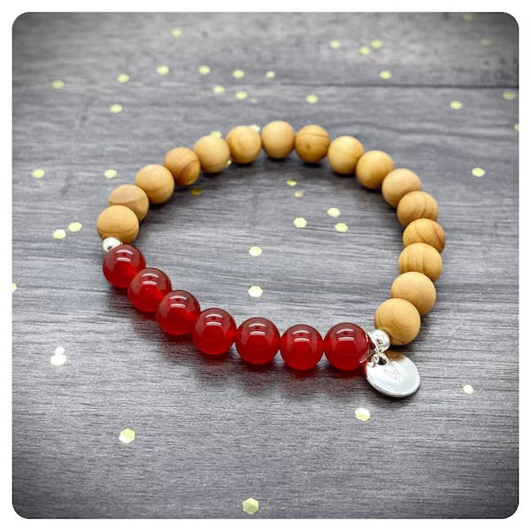 Carnelian Wooden Stretch Bracelet, Men's Carnelian Crystal Jewellery, Gemstone Bracelet For Passion & Courage, Personalised Yoga Bracelet