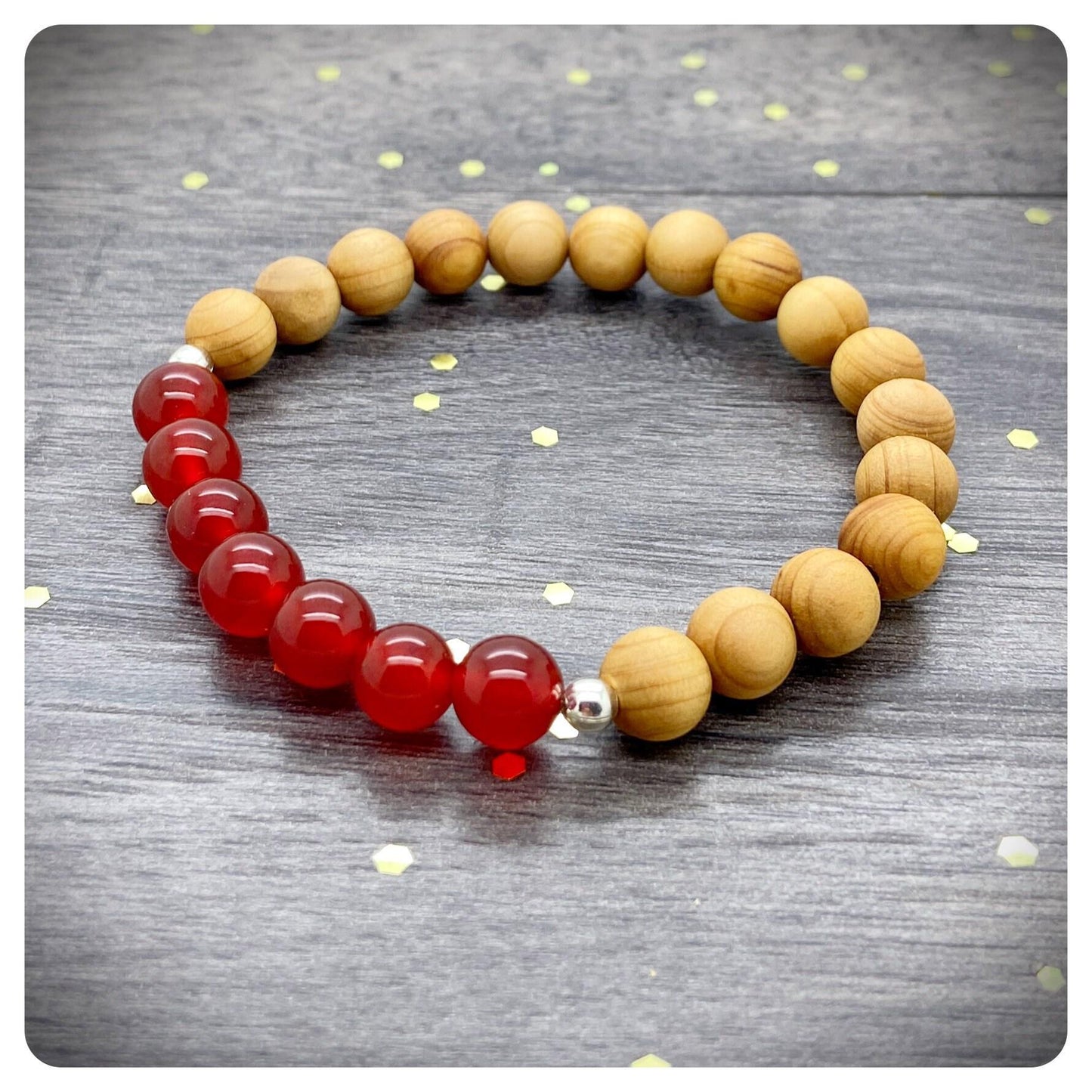 Carnelian Wooden Stretch Bracelet, Men's Carnelian Crystal Jewellery, Gemstone Bracelet For Passion & Courage, Personalised Yoga Bracelet