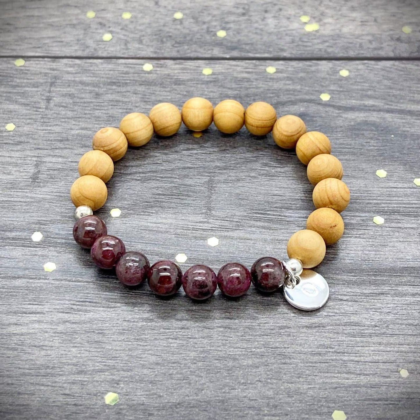 Red Garnet Crystal & Wood Bracelet For Self Love And Confidence, Unisex Plain Wooden Bracelet With Gemstones, Personalised Stretch Bracelet
