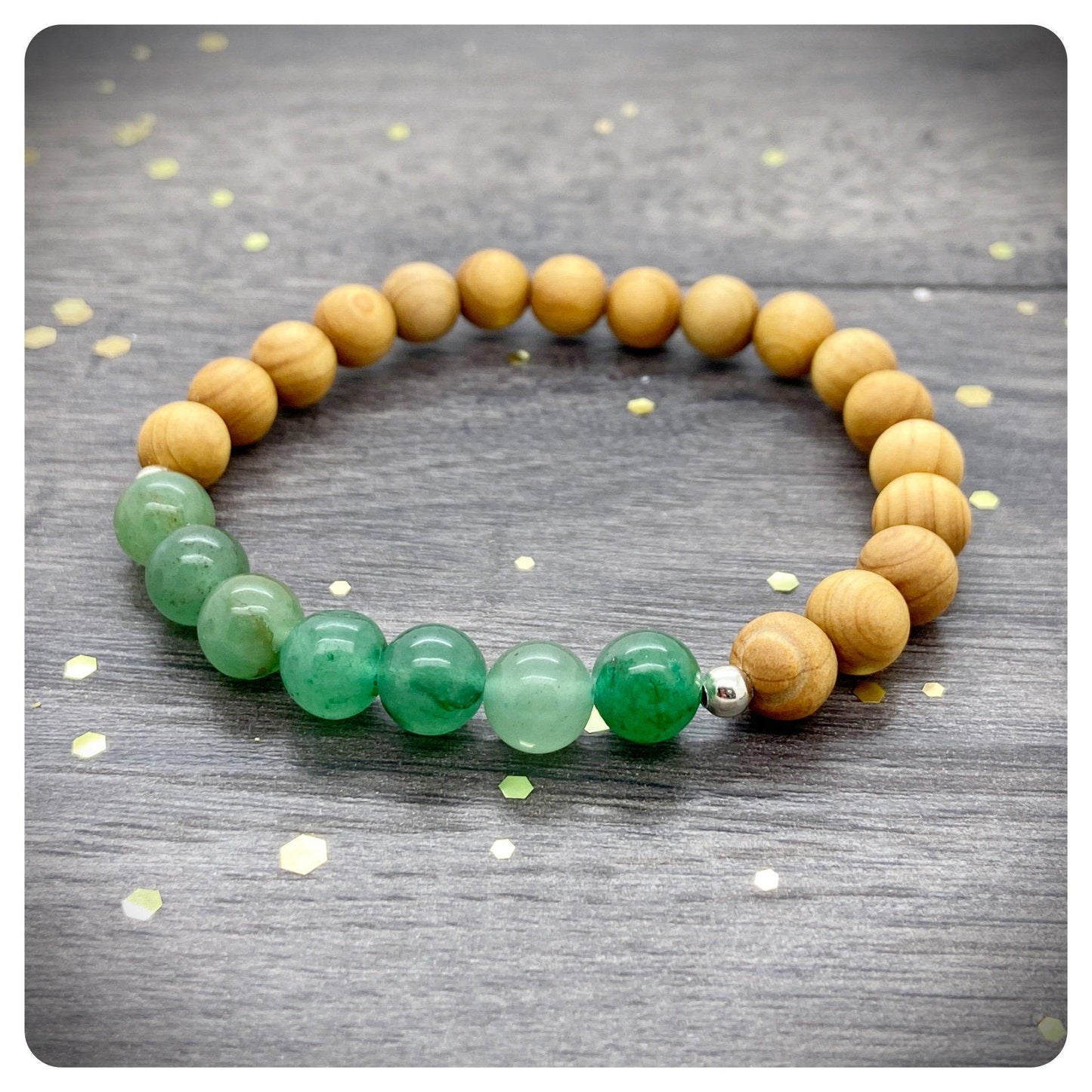 Personalised Aventurine Wooden Stretch Bracelet, Good Luck Jewellery, Elasticated Crystal & Wood Fortune Bracelet, Personalised Lucky Gift