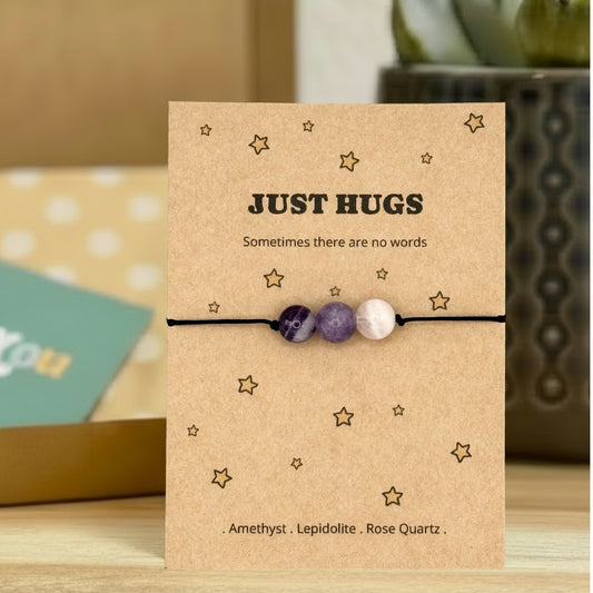 Personalised Just Hugs Crystal Bracelet Card, Thinking Of You Gift, Bereavement Support, Letterbox Comfort Gift