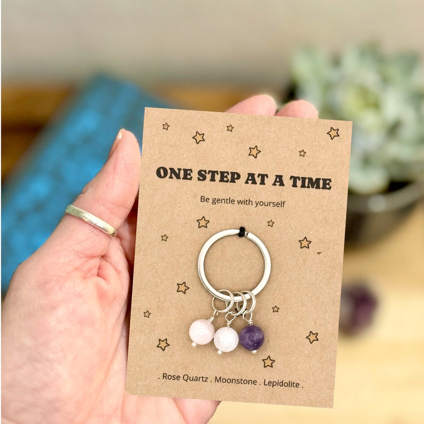Personalised Emotional Support Gift, One Step at a Time Crystal Keyring, Thinking of You Keepsake for Anxiety and Stress