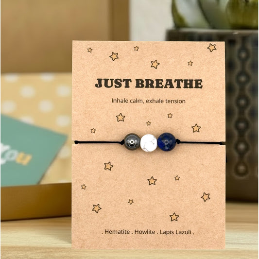 Just Breathe, Inhale Calm Exhale Tension Crystal Bracelet or Anklet, Personalised Mindfulness Gift for Anxiety Stress and Burnout, Wellness Keepsake for Her