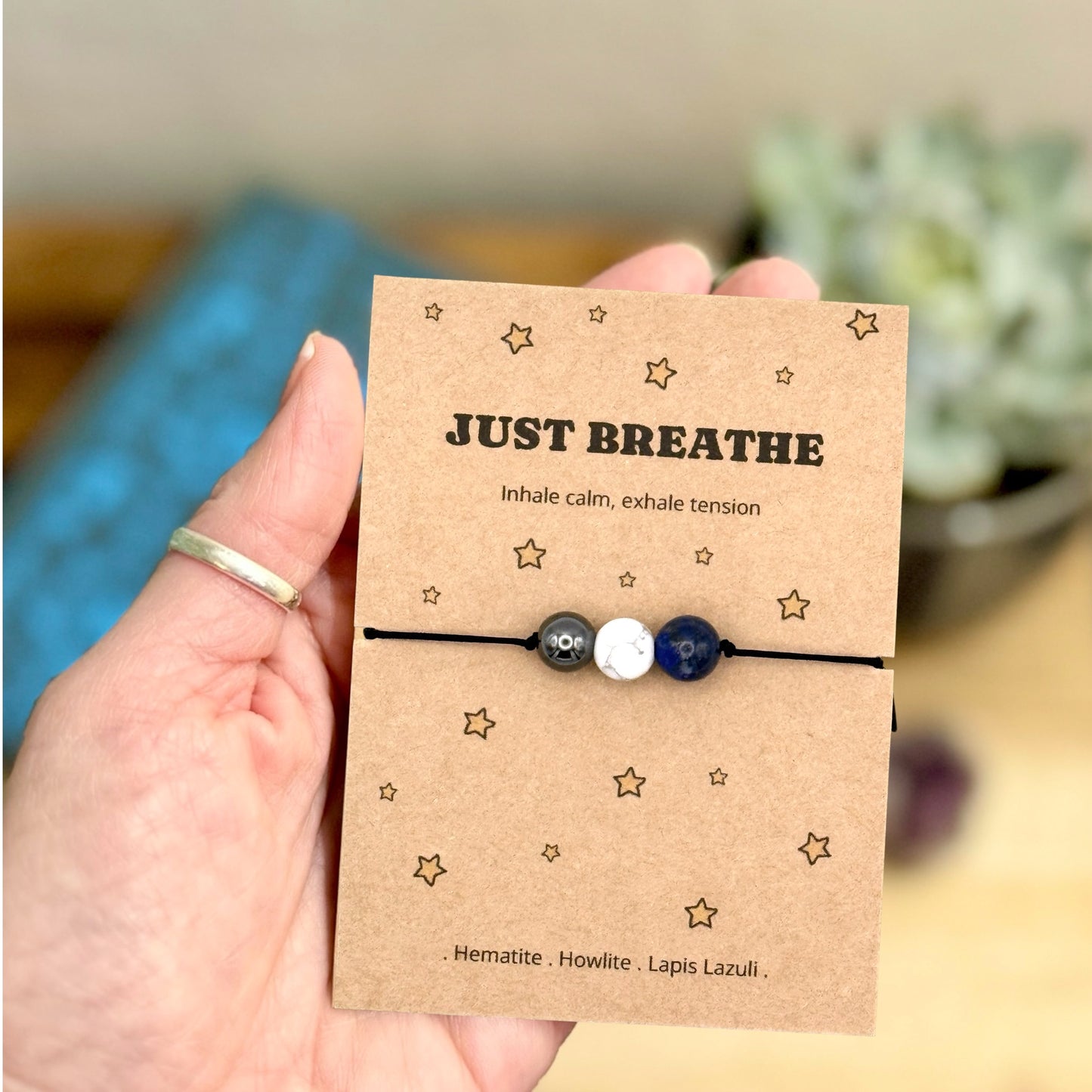 Just Breathe, Inhale Calm Exhale Tension Crystal Bracelet or Anklet, Personalised Mindfulness Gift for Anxiety Stress and Burnout, Wellness Keepsake for Her