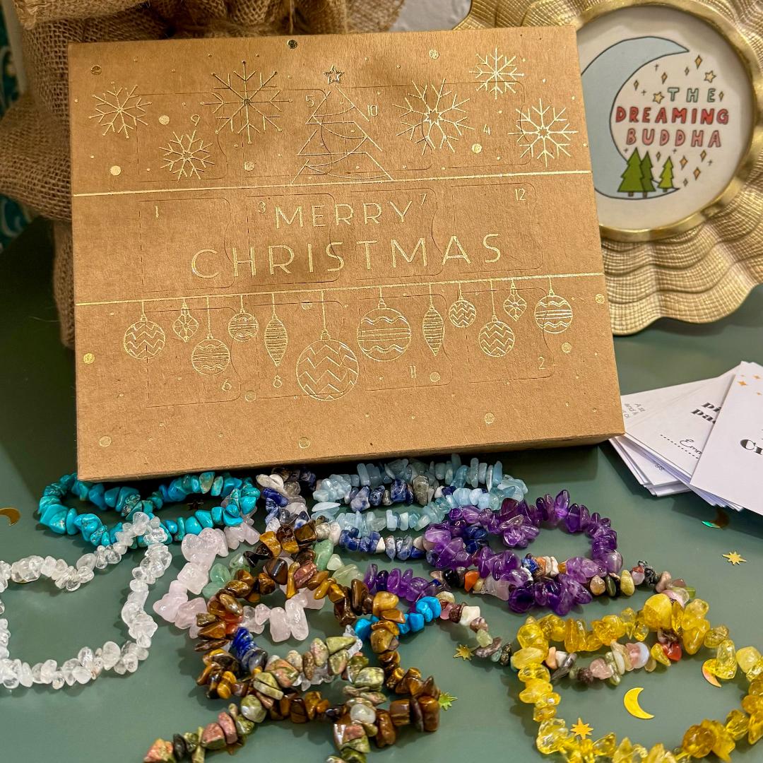 Christmas Crystal Bracelet Advent Calendar, 12 Days of Crystal Chip Bracelets, Gemstone Lover Christmas Gift