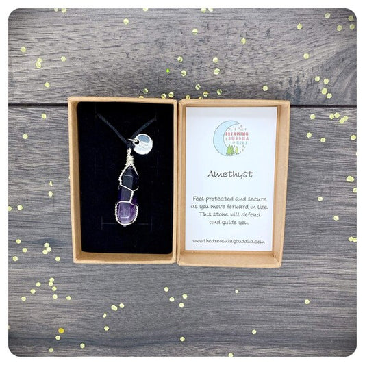 Amethyst Hand Wrapped Long Necklace, Adjustable Satin Cord Pendant Necklace, Protection Crystal Jewellery, Friendship Postal Gift