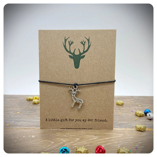 Deer Friend Card Wish Bracelet, Silver Stag Deer Charm Bracelet, Deer Friend Pun Card, Thinking Of You Gift