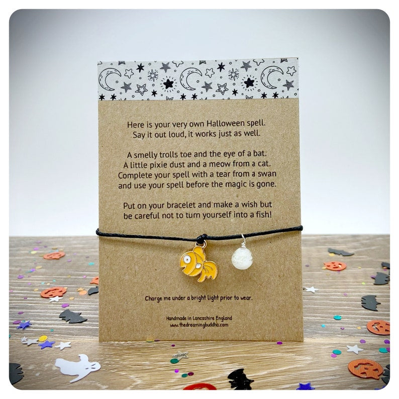 Halloween Spell Wish Bracelet, Glow in the Dark Jewellery, Magical Halloween Kids Gift, Halloween Poem Card