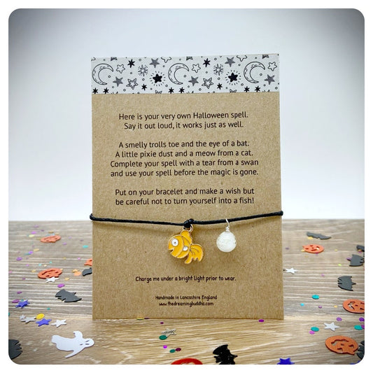 Halloween Spell Wish Bracelet, Glow in the Dark Jewellery, Magical Halloween Kids Gift, Halloween Poem Card