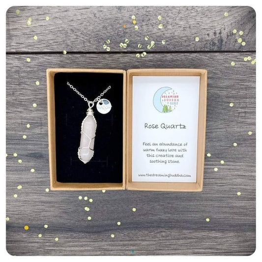 Rose Quartz Crystal Necklace, Wire Wrapped Point Pendant, Pink Love Gemstone Gift, Silver Plated Necklace Gift Box, Love You Jewellery