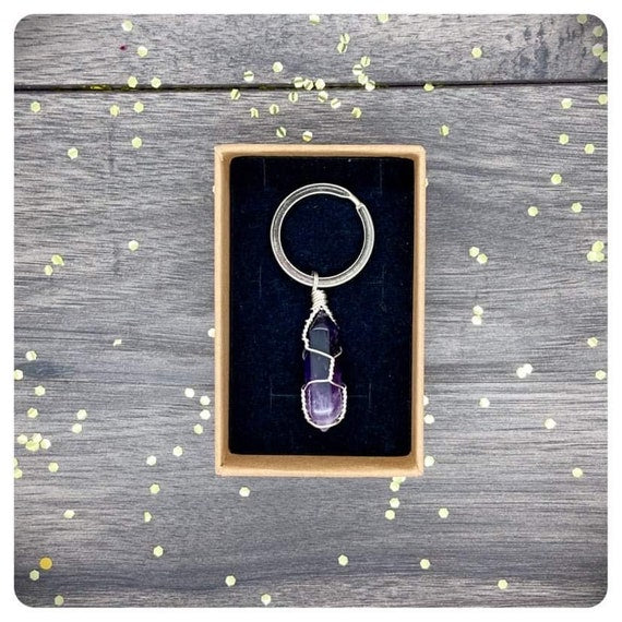 Wire Wrapped Amethyst Point Keyring, Personalised Amethyst Crystal Keychain, Anxiety Crystal Key Ring, Gemstone Bag Charm, Handmade UK
