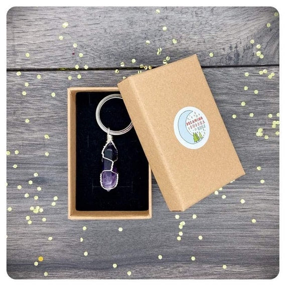 Wire Wrapped Amethyst Point Keyring, Personalised Amethyst Crystal Keychain, Anxiety Crystal Key Ring, Gemstone Bag Charm, Handmade UK