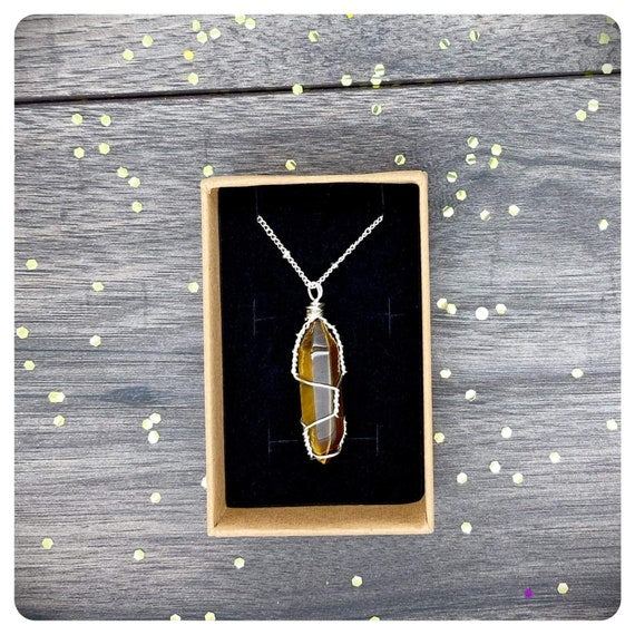 Wire Wrapped Tigers Eye Necklace, Long Silver Chain Pendant, Personalised Gift Box Jewellery, Natural Crystal Pillar Pendant, Solar Plexus
