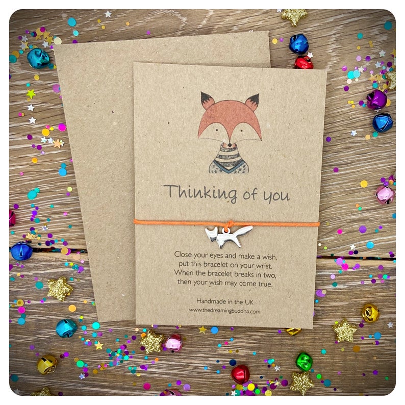 Fox Thinking Of You Wish Bracelet, Fox Lover Gift, Fox friendship Card, Personalised Initial Bracelet