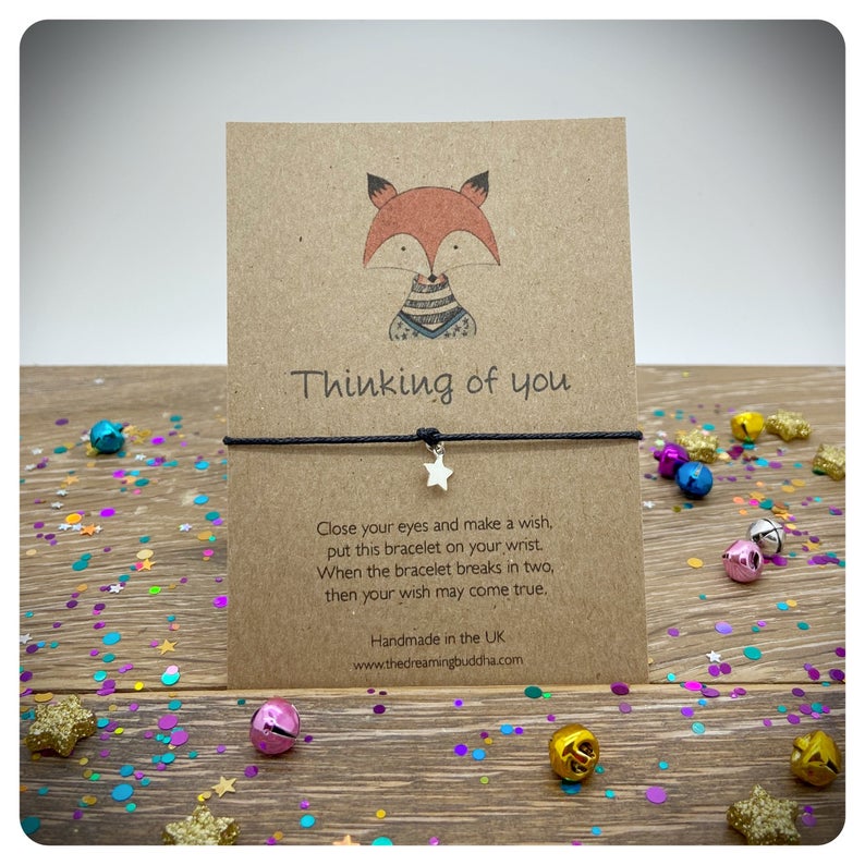 Sterling Silver Bracelet Gift, Personalised Thinking Of You Wish Bracelet, Fox Thinking Of You Card