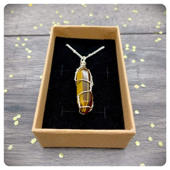 Wire Wrapped Tigers Eye Necklace, Long Silver Chain Pendant, Personalised Gift Box Jewellery, Natural Crystal Pillar Pendant, Solar Plexus