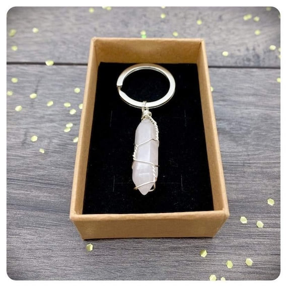 Hand Wrapped Rose Quartz Point Keychain, Personalised Friendship Crystal Keyring Gift, Unconditional Love, I Love You Gift