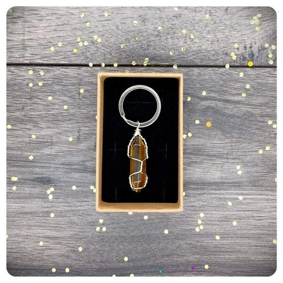 Tigers Eye Point Keyring, Crystal Point Wire Wrapped Keychain, Be Brave, Gift For Courage, Personalised Crystal Keyring For Him