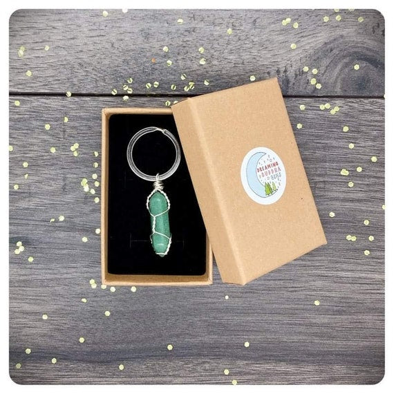 Wire Wrapped Aventurine Crystal Point Keyring, Good Luck Keyring, Driving Test Gift, New Home Present, Green Aventurine For Good Fortune