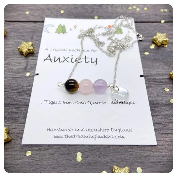 Personalised Crystal Anxiety Necklace, Mental Health Jewellery, Stress Relief Long Necklace, Anxiety Support Choker, Healing Gemstones