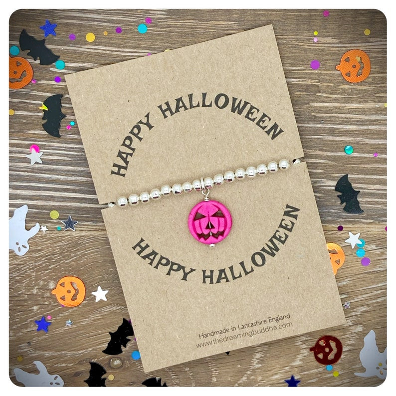 Halloween Silver Beaded Bracelet, Howlite Pumpkin Stretch Bracelet, Unique Handmade Stacker Bracelet