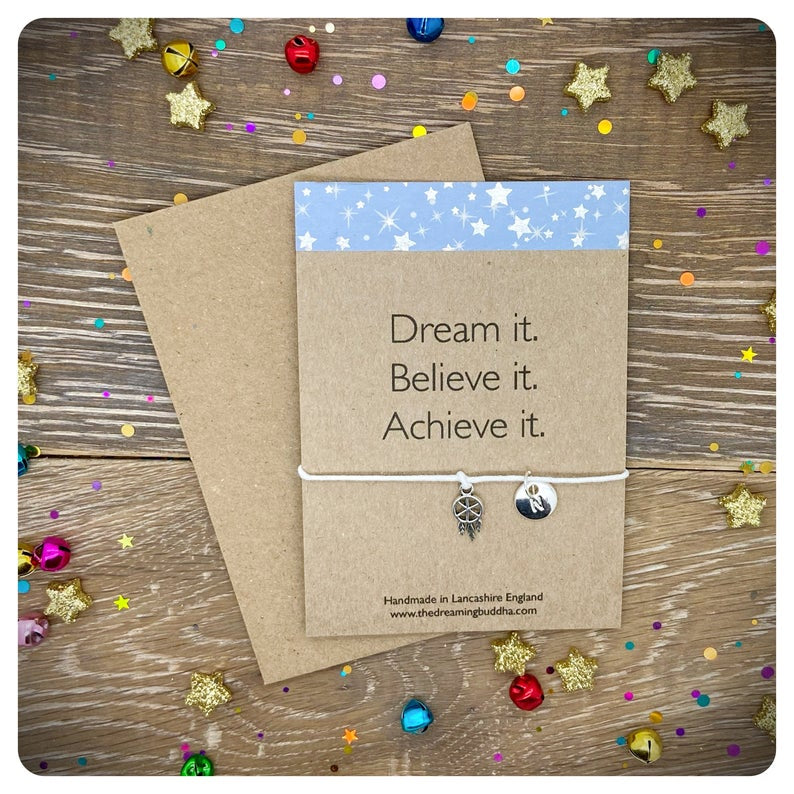 Wish Bracelet Dream It Believe It Achieve it Card, Personalised Dreamcatcher Charm, Motivational Inspirational Gift, Dreamcatcher Jewellery