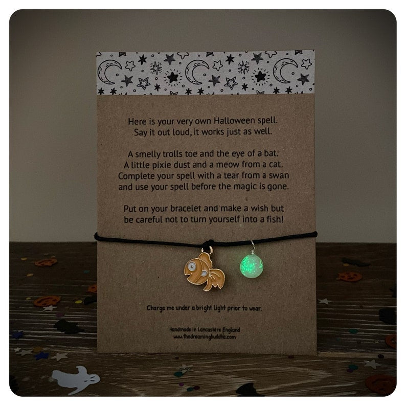 Halloween Spell Wish Bracelet, Glow in the Dark Jewellery, Magical Halloween Kids Gift, Halloween Poem Card