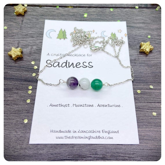 Personalised Sadness Crystal Necklace, Postal Hug Gift, Grief Loss Jewellery, Emotional Support Gift For Her, Teen Unhappiness Gift Card
