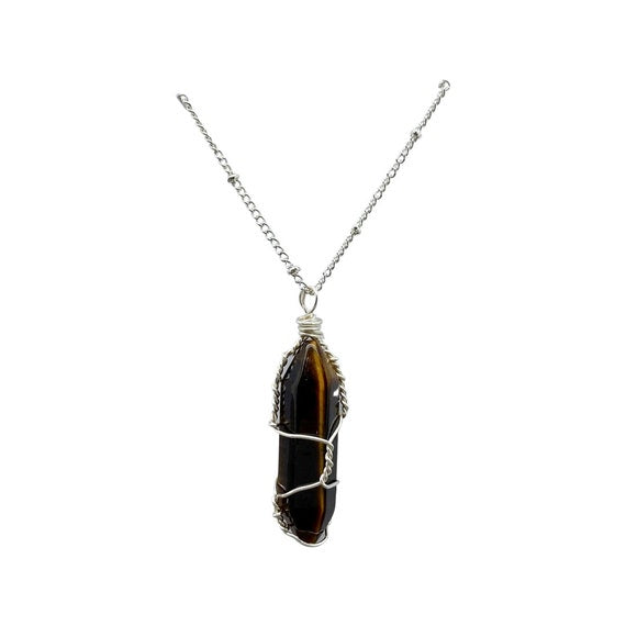 Wire Wrapped Tigers Eye Necklace, Long Silver Chain Pendant, Personalised Gift Box Jewellery, Natural Crystal Pillar Pendant, Solar Plexus
