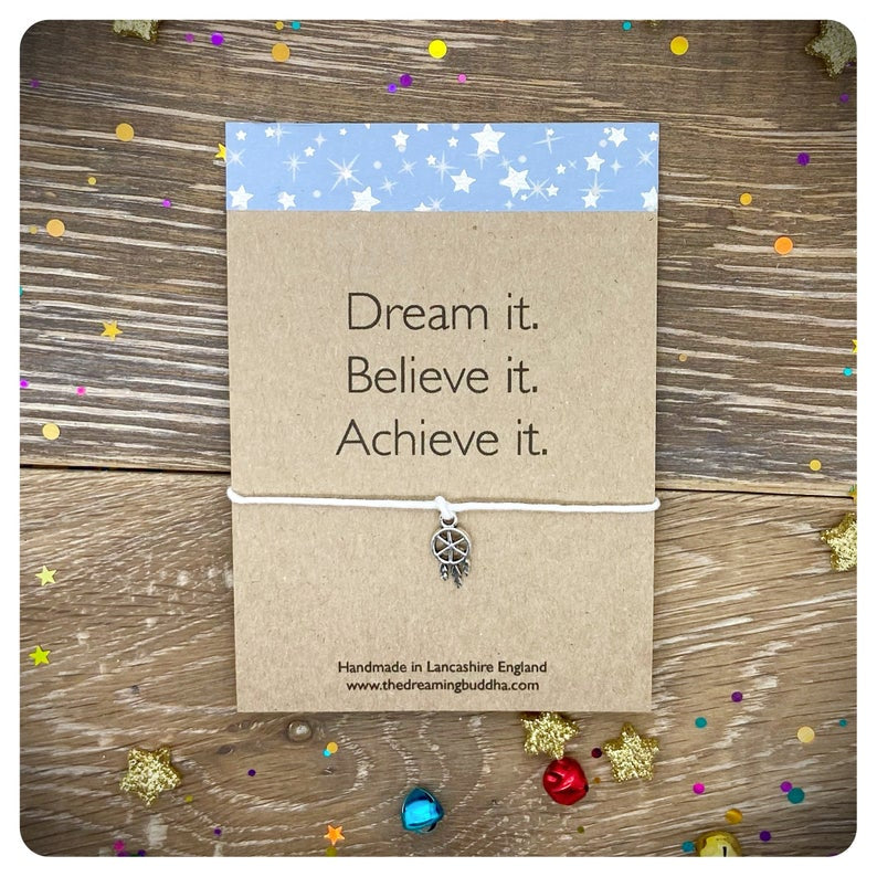 Wish Bracelet Dream It Believe It Achieve it Card, Personalised Dreamcatcher Charm, Motivational Inspirational Gift, Dreamcatcher Jewellery