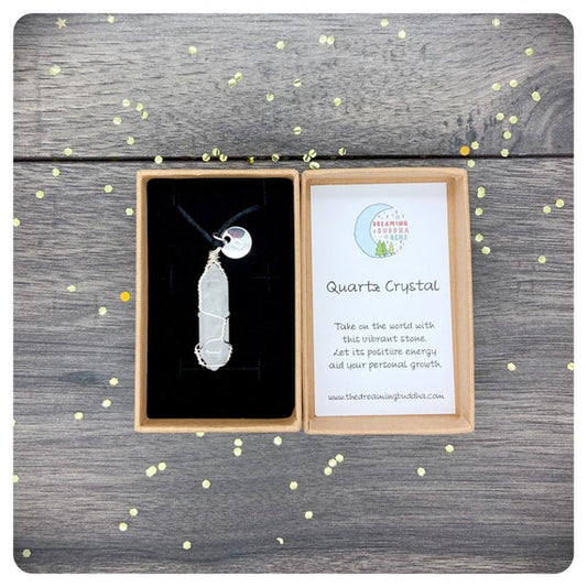 Waterproof Clear Quartz Adjustable Necklace, Unisex Wire Wrapped Crystal Pendant, Crown Chakra Jewellery, Healing Gemstone Gift Box