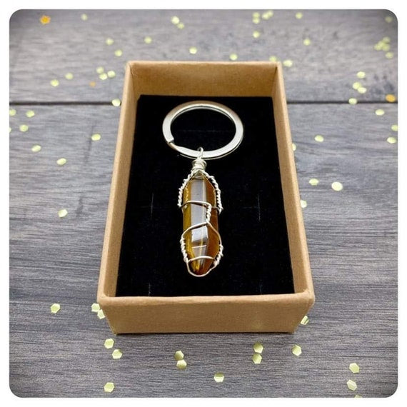 Tigers Eye Point Keyring, Crystal Point Wire Wrapped Keychain, Be Brave, Gift For Courage, Personalised Crystal Keyring For Him