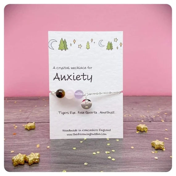 Personalised Crystal Anxiety Necklace, Mental Health Jewellery, Stress Relief Long Necklace, Anxiety Support Choker, Healing Gemstones